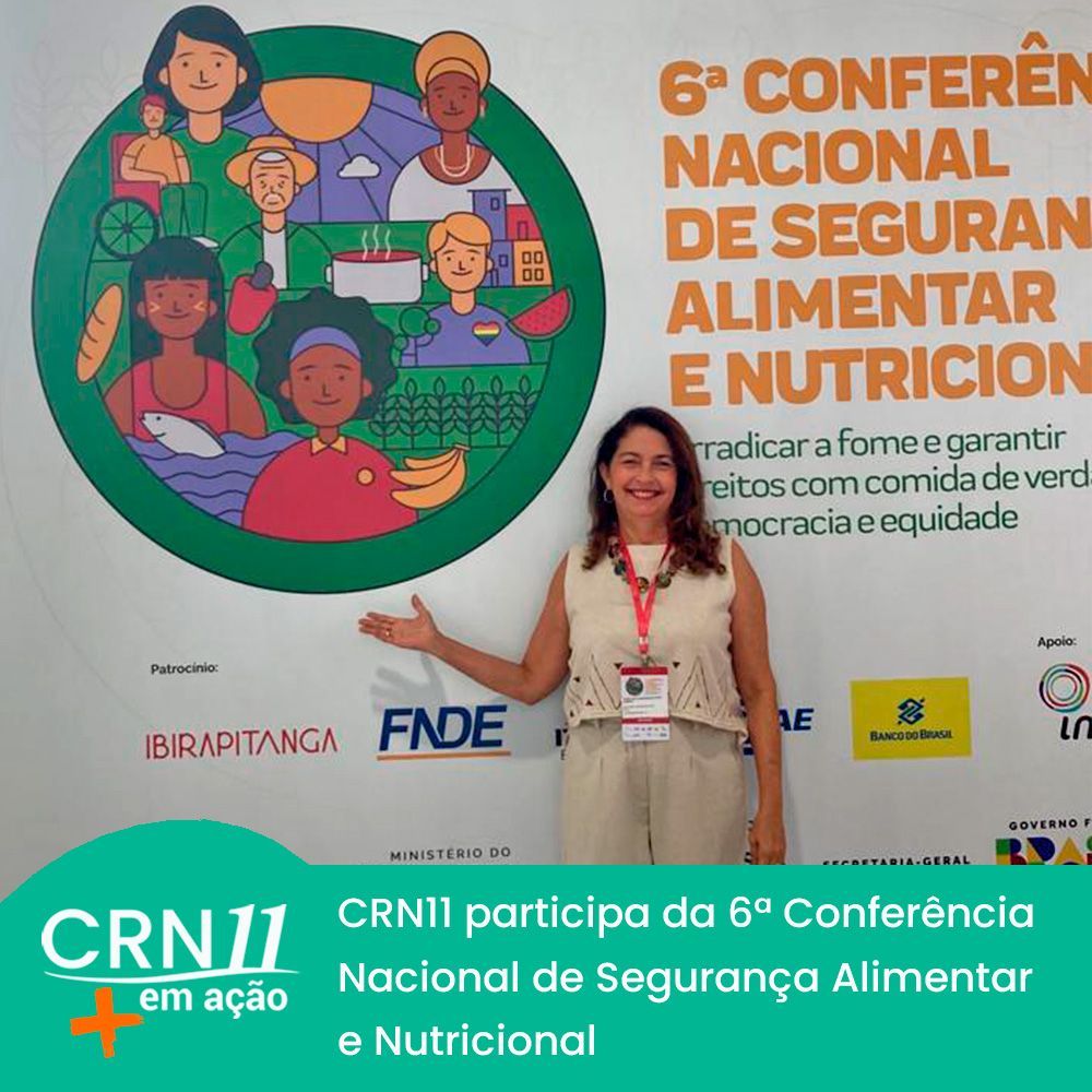 Woman beside “6ª Conferência Nacional de Segurança Alimentar e Nutricional” event banner and logo wall