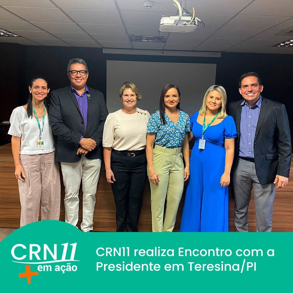 Grupo de seis pessoas posando em sala de reunião; faixa diz “CRNJ realiza Encontro com o Presidente em Teresina/PI”