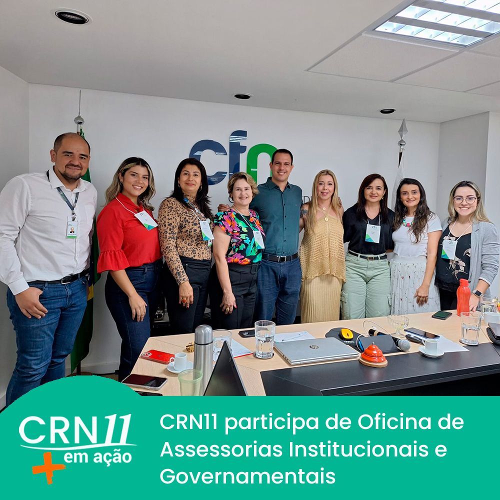 Grupo de pessoas posando em sala de reunião; faixa diz “CRN11 participa de Oficina de Assessorias Institucionais e Governamentais”.