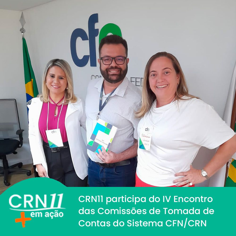 Três pessoas posam em evento da CRN11, com bandeira do Brasil ao fundo e faixa sobre IV Encontro das Comissões de Tomada de Contas.