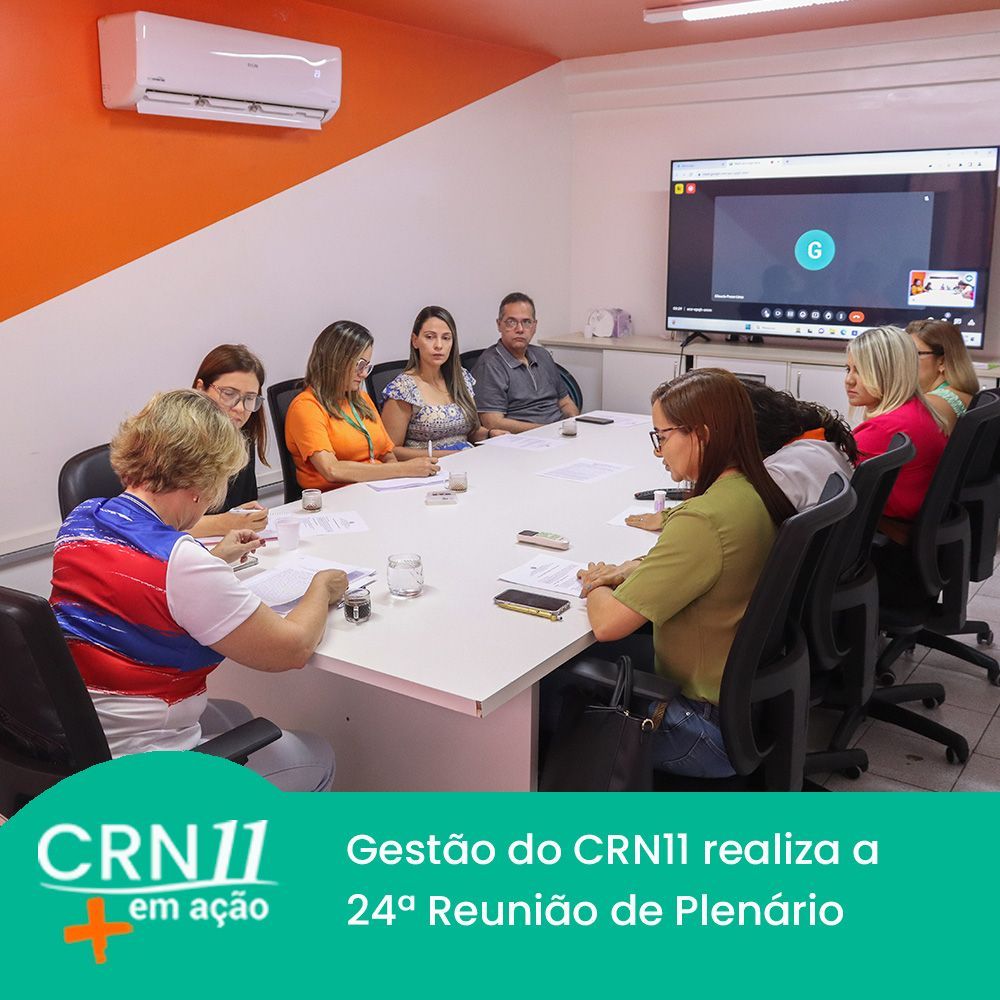 Reunião de plenário do CRN11 em sala branca e laranja, com participantes sentados à mesa e tela de videoconferência.