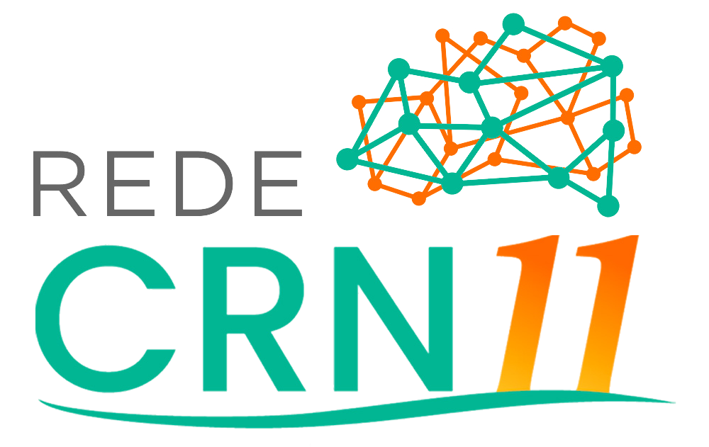 Logotipo REDE CRN11 com gráfico de rede turquesa e laranja sobre fundo branco