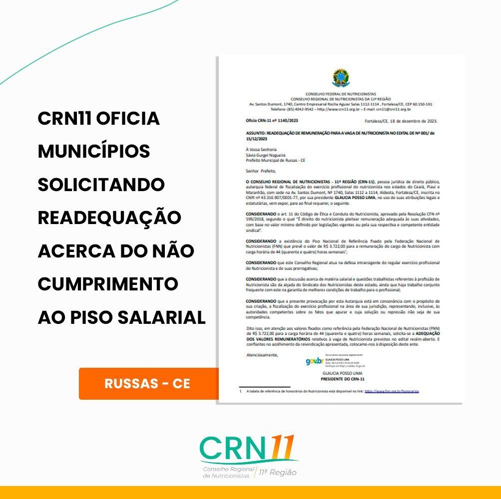 CRNII oficial pede aos municípios de Russas-CE readequação ao piso salarial, em layout branco e laranja