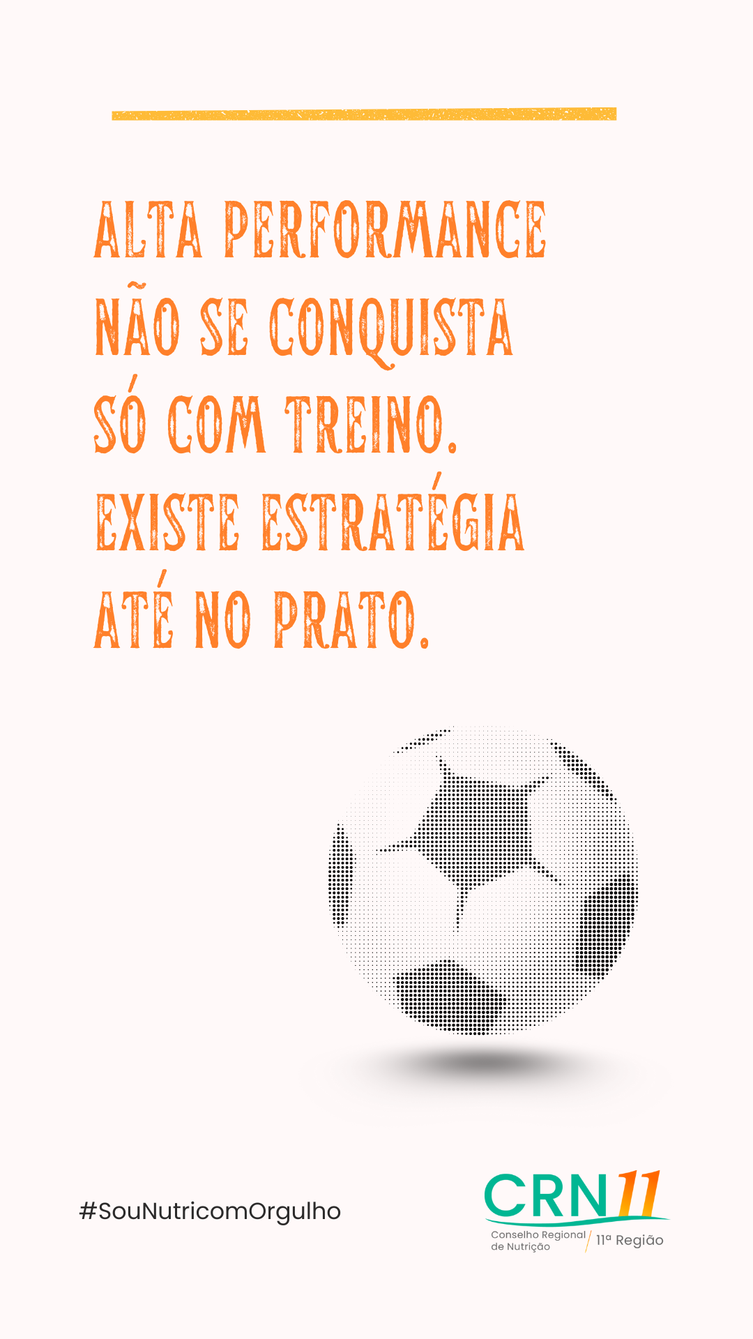 Pôster minimalista branco com texto em português na cor laranja e um logotipo circular preto pontilhado próximo à parte inferior.