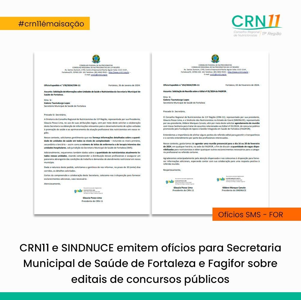 Avisos CRN11 e SINDUNCE com cartas do ministério sobre alterações nos exames públicos para cargos de assistente social e secretário(a) de enfermagem.