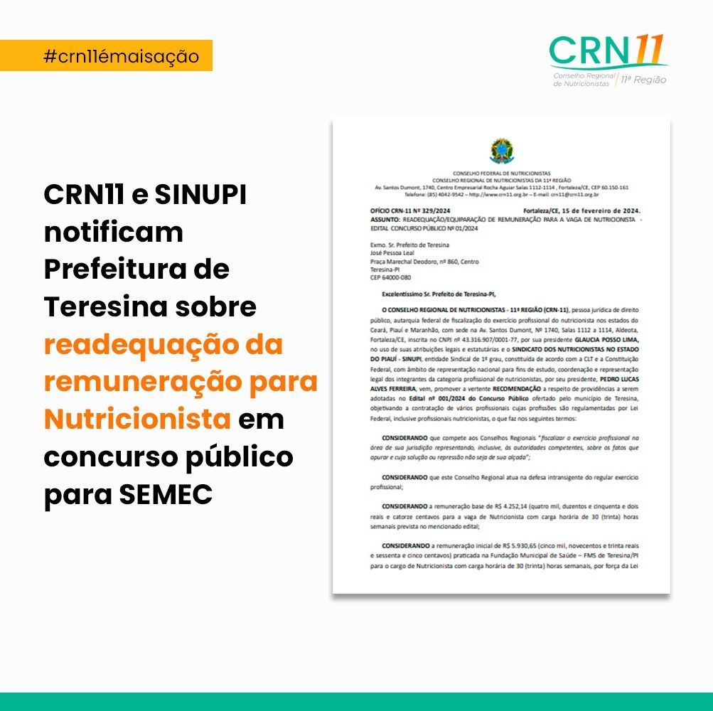 CRN11 e Sinupi notificam Prefeitura de Teresina sobre redação da remuneração para nutricionistas da SEMEC
