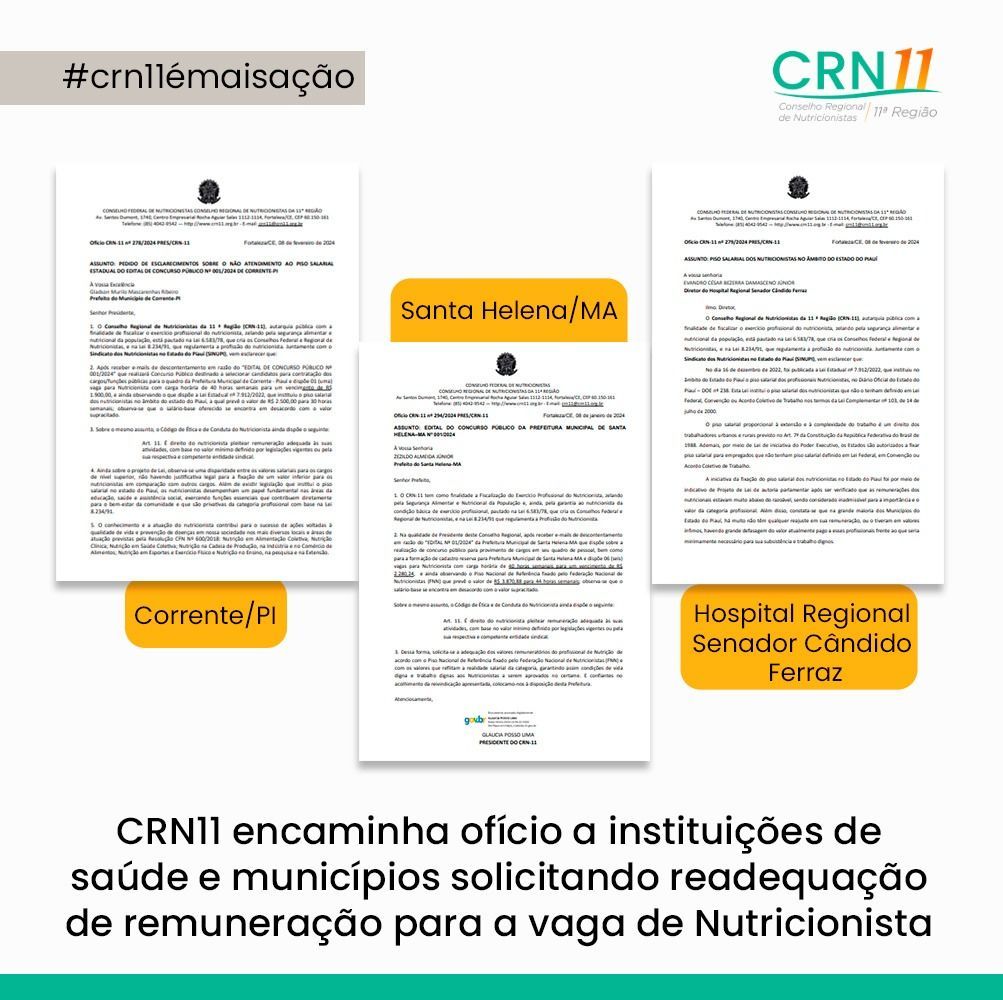 Postagem CRN11 com três imagens de cartas oficiais sobre o salário mínimo para o cargo de nutricionista em instituições de saúde pública.
