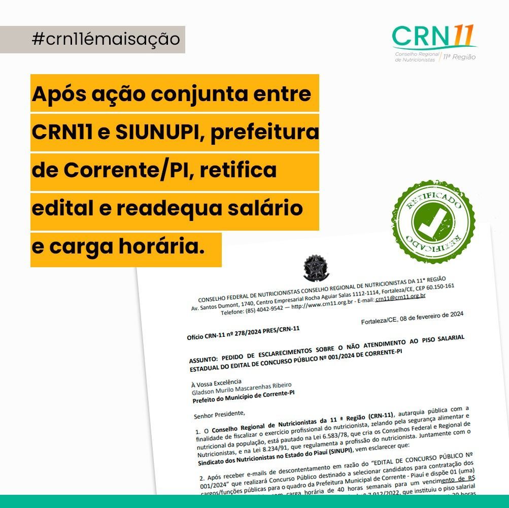 Texto em português sobre ação conjunta do CRN11 e SIUNUP com prefeitura de Corrente/PI para editar e reajustar salário e carga horária.