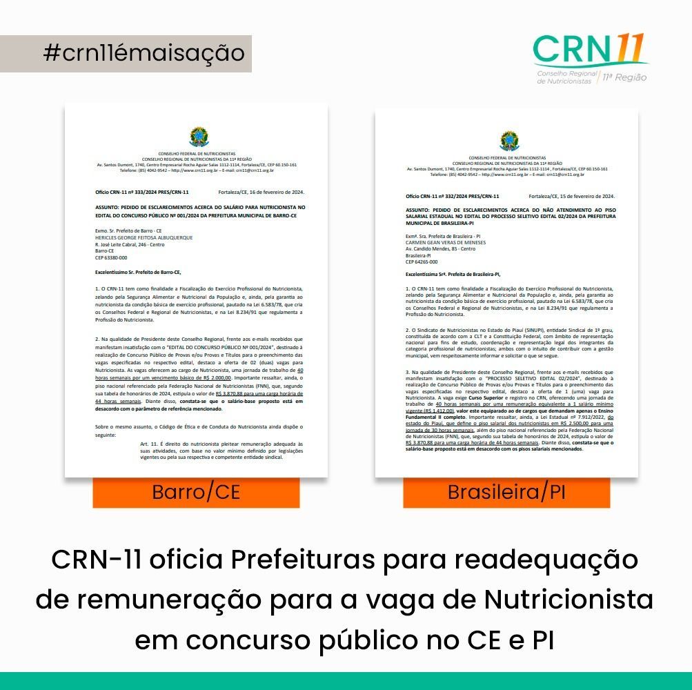 CRN-11 avisa prefeituras sobre readequação de vagas de nutricionista em concurso no CE e PI