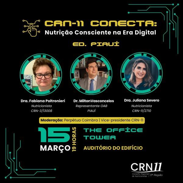 Cartaz preto e verde do evento “CANI Conecta: Nutrição Consciente na Era Digital”, em Itaquá, com três palestrantes.