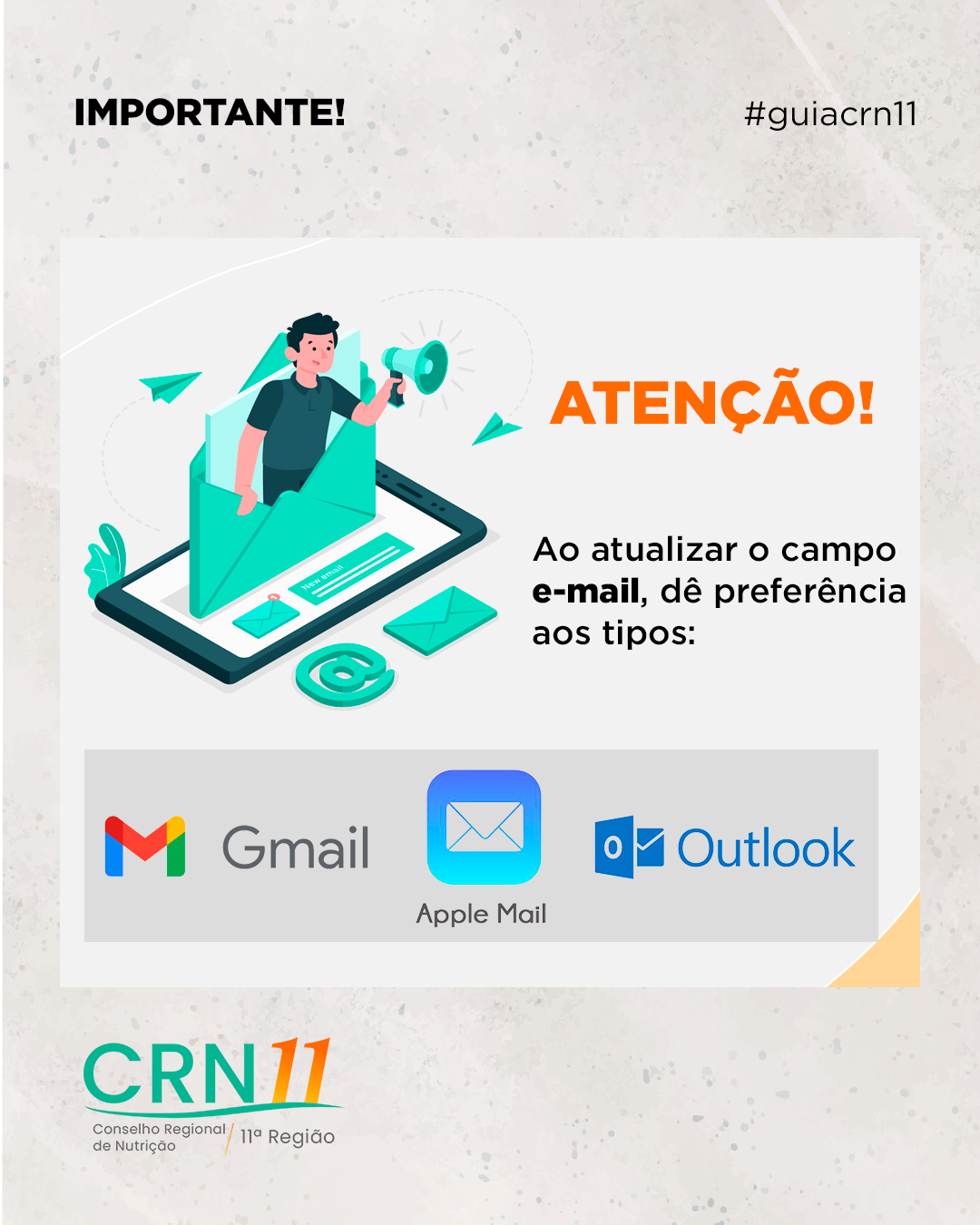 Alerta em português sobre atualizar o e-mail de preferência, com ícones do Gmail e Outlook e ilustração de laptop.