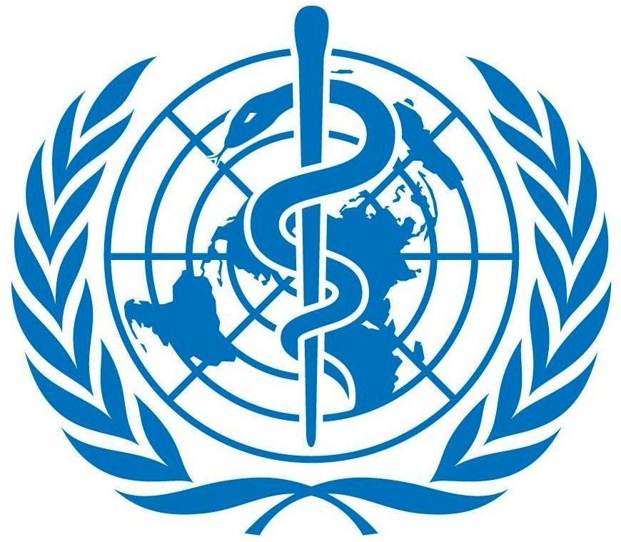 Emblema azul da Organização Mundial da Saúde com globo terrestre, bastão de Asclépio e ramos de louro.