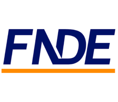 Logotipo da FNDE em azul escuro com sublinhado laranja sobre fundo branco.