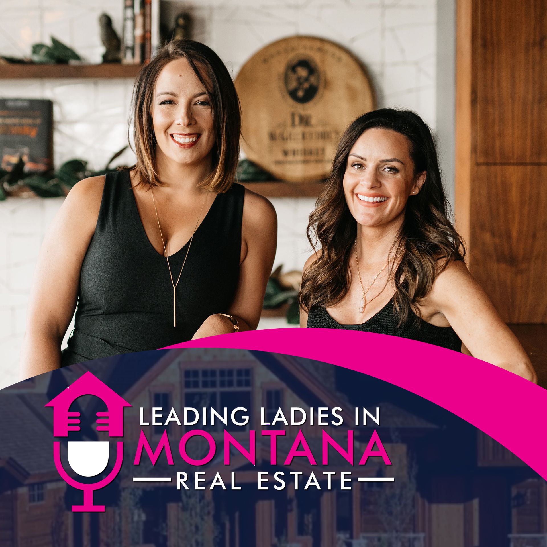 Two women stand near a shelf and a wood sign. Podcast logo: 