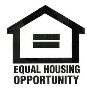 Equal Housing Opportunity logo: Black house outline with two horizontal lines inside; text below.