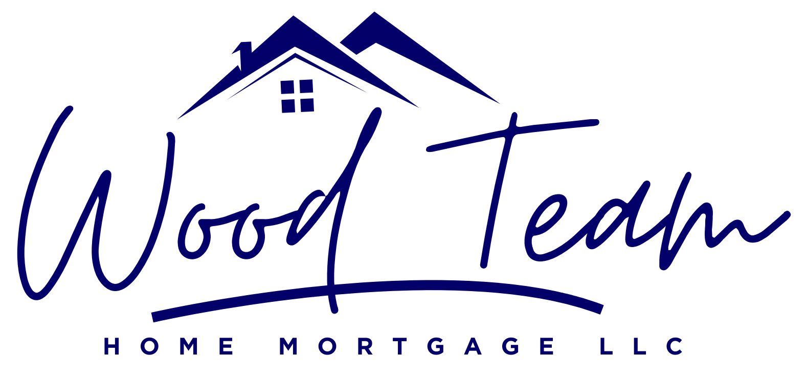 Logo for Wood Team Home Mortgage LLC, with a house icon in dark blue and script lettering.