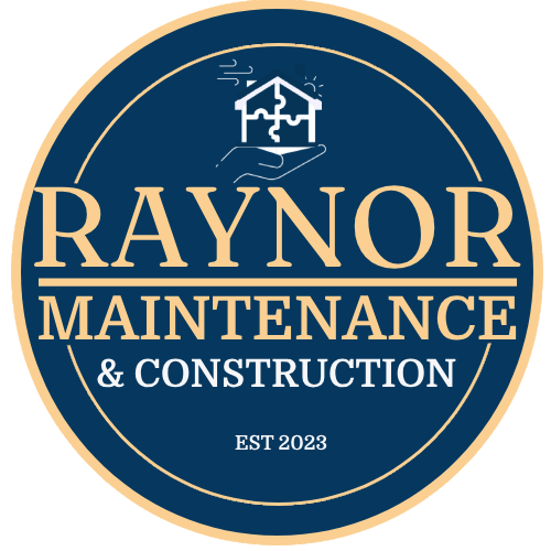 The logo for raynor maintenance and construction shows a hand holding a house.