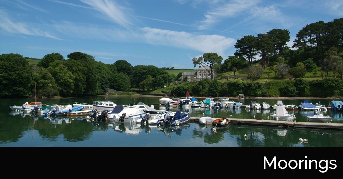 Moorings with boats docked on a calm river, backed by trees and blue sky