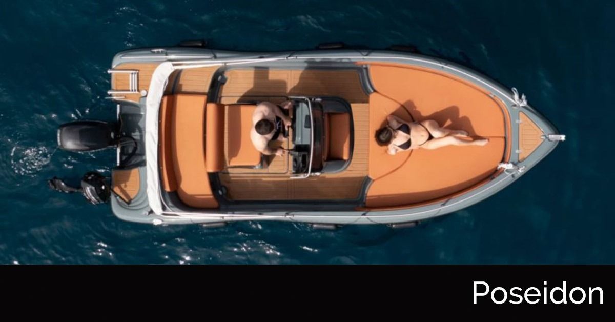 Top-down view of a tan motorboat on blue water, with “Poseidon” text in the corner