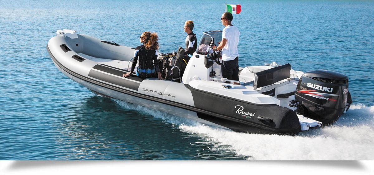 Inflatable motorboat speeding on blue water with two people aboard and an outboard engine running