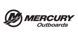 Mercury Outboards logo in black with stylized M emblem on a white background