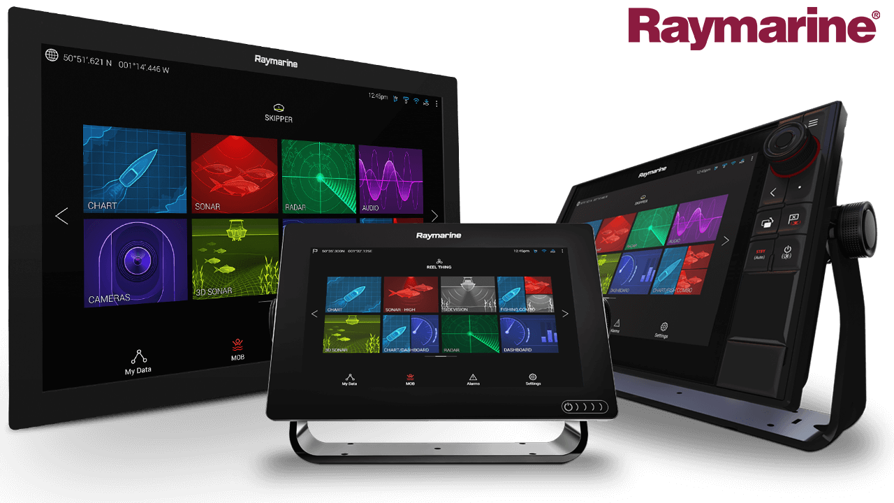 Raymarine marine displays with colorful chart screens, shown in black desktop and mounted units