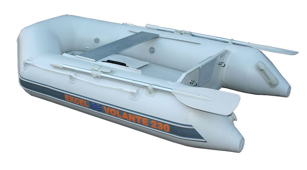 White inflatable pontoon boat with gray floor and blue-orange stripe, shown from above on a white background