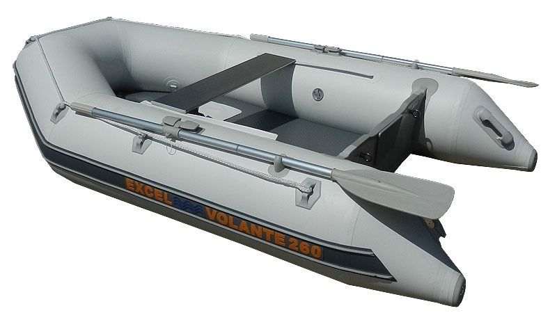 Gray inflatable motorboat with oars and orange accents on a white background