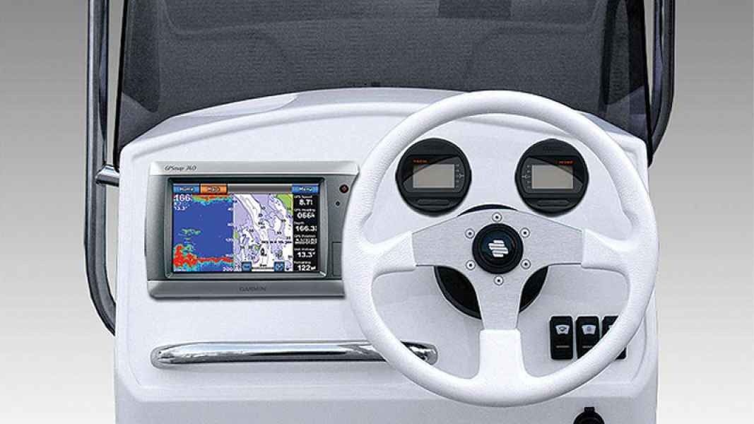 Car dashboard with a white steering wheel, touchscreen display, and control buttons