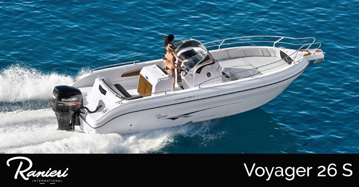White ranieri voyager 26 Sport motorboat speeding on blue water with one person aboard