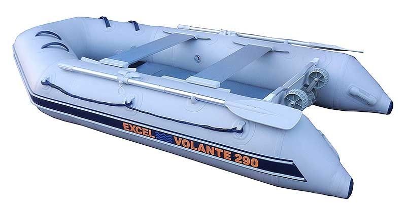 Light gray inflatable motor boat with blue trim and orange stripe on a white background