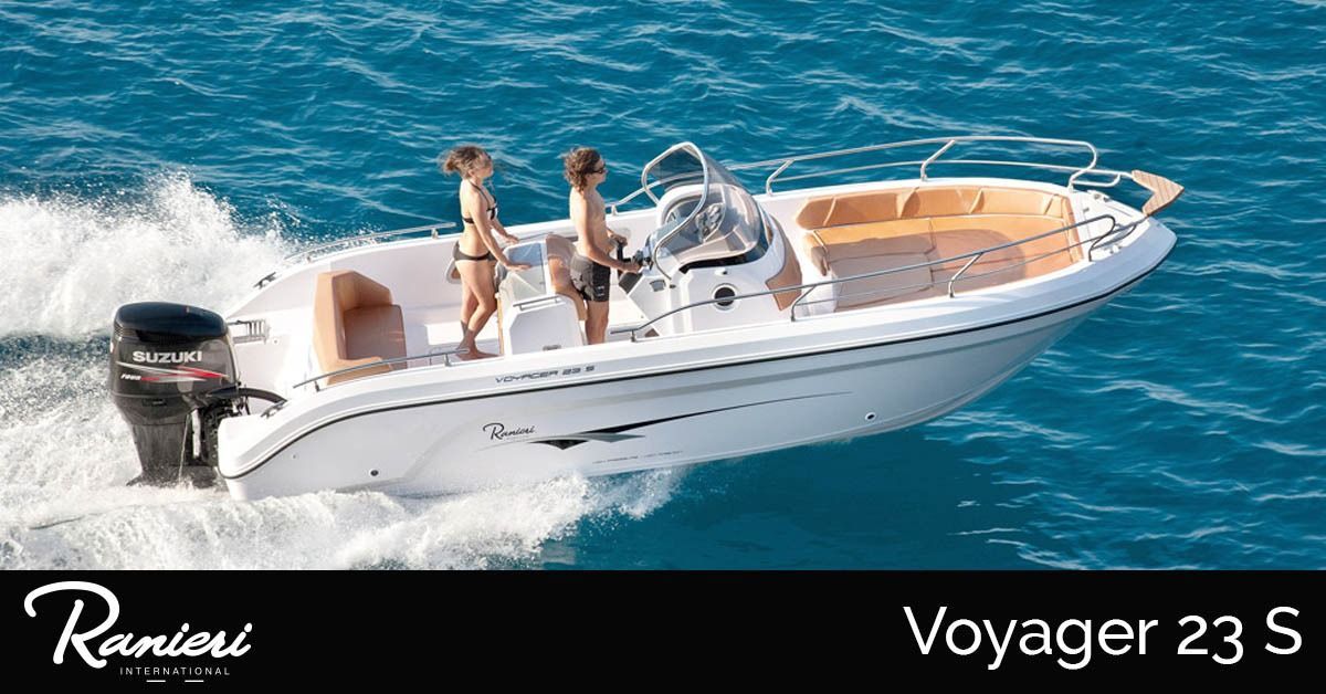 Speeding white motorboat with people on deck, spraying water, labeled “Voyager 23 S”