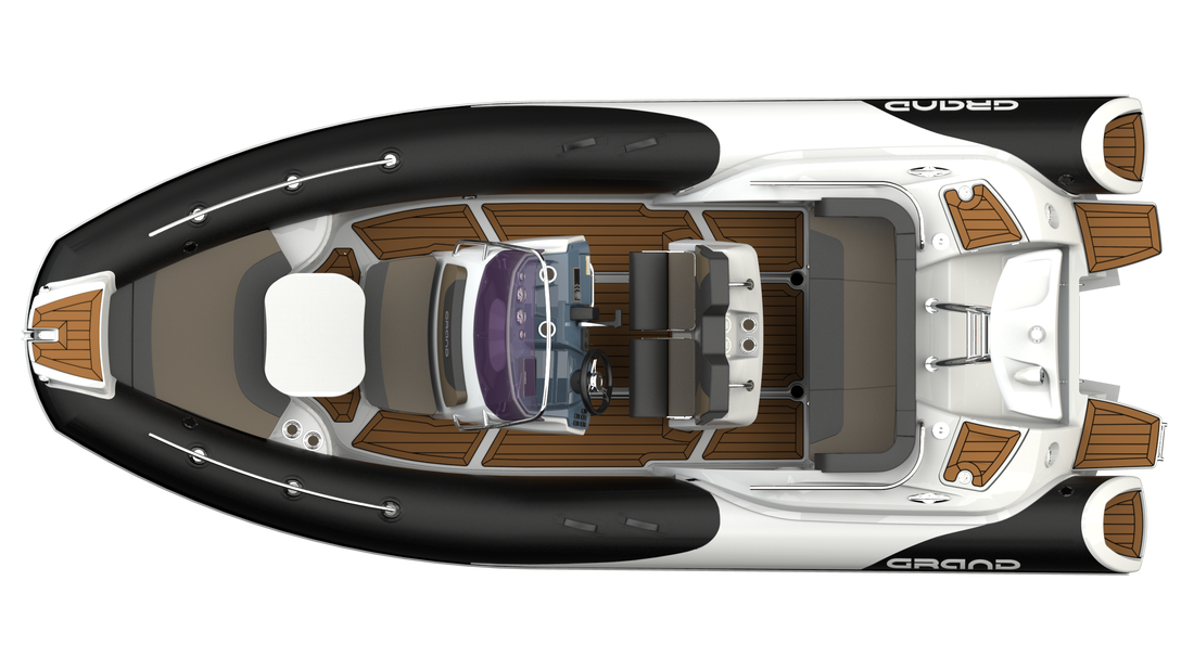Top-down view of a luxury yacht interior with brown, white, and black deck details