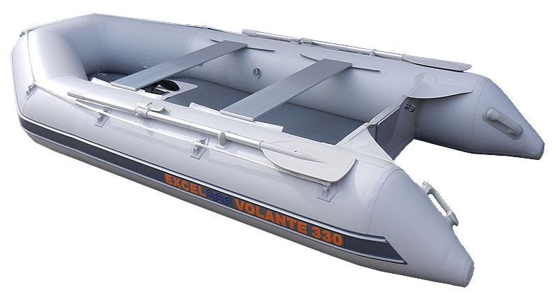 Gray inflatable dinghy with oars and orange reflectors, isolated on a white background
