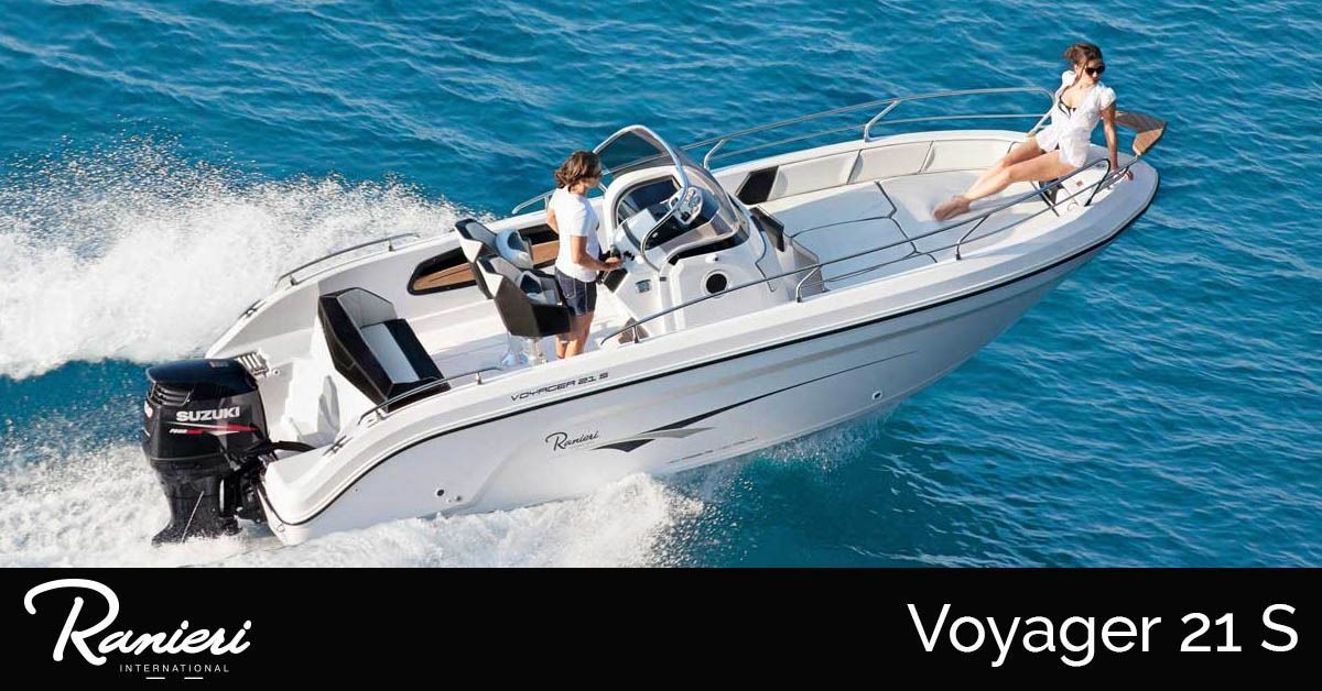 White motorboat speeding on blue water with three people aboard, labeled “Voyager 21 S”