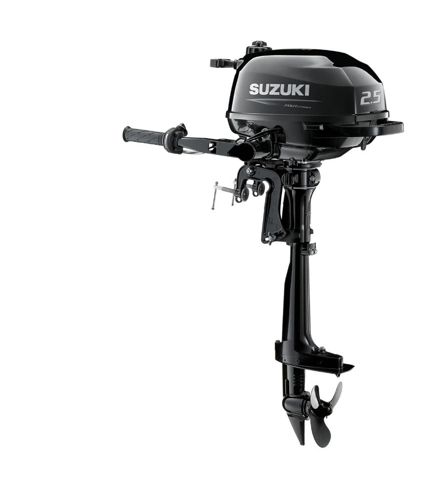 Black Suzuki outboard motor with propeller on a white background