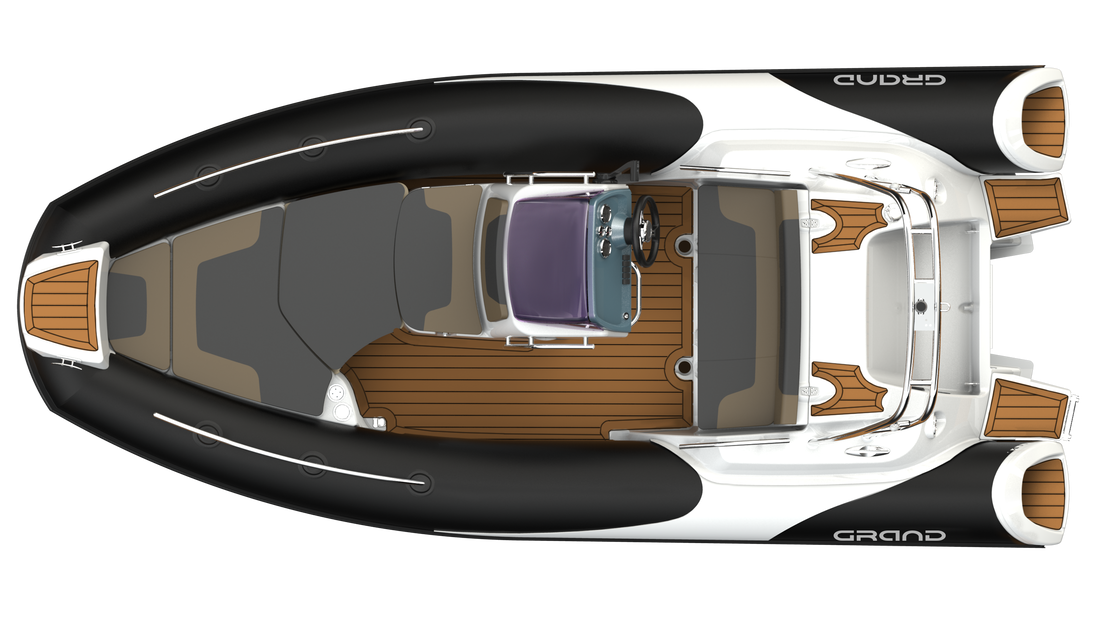 Top-down view of a sleek black-and-white boat with a brown deck and white seating.