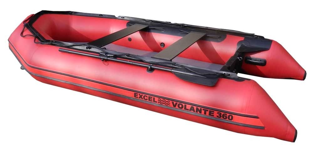 Red inflatable fishing kayak with black frame and seat on a white background