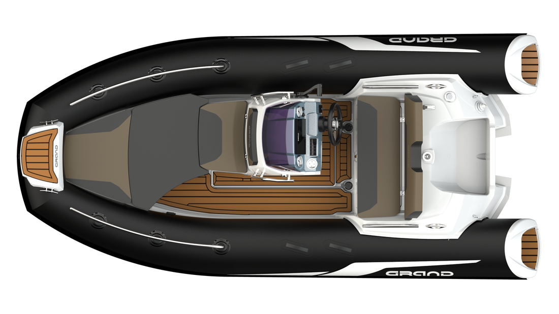 Top-down cutaway of a white-and-black powerboat with brown wood decking and a central helm seat