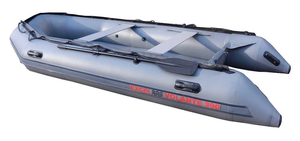 Gray inflatable boat with oars and red lettering on the side, shown on a white background