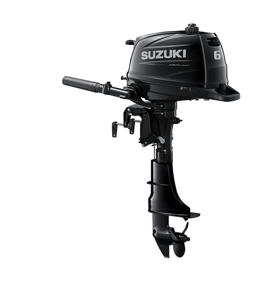 Black Suzuki outboard boat motor on a white background