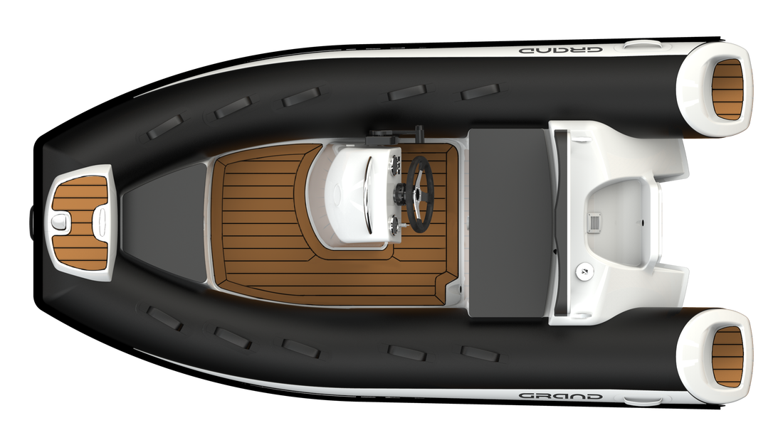 Top-down view of a sleek black boat with a wood deck and white seating area