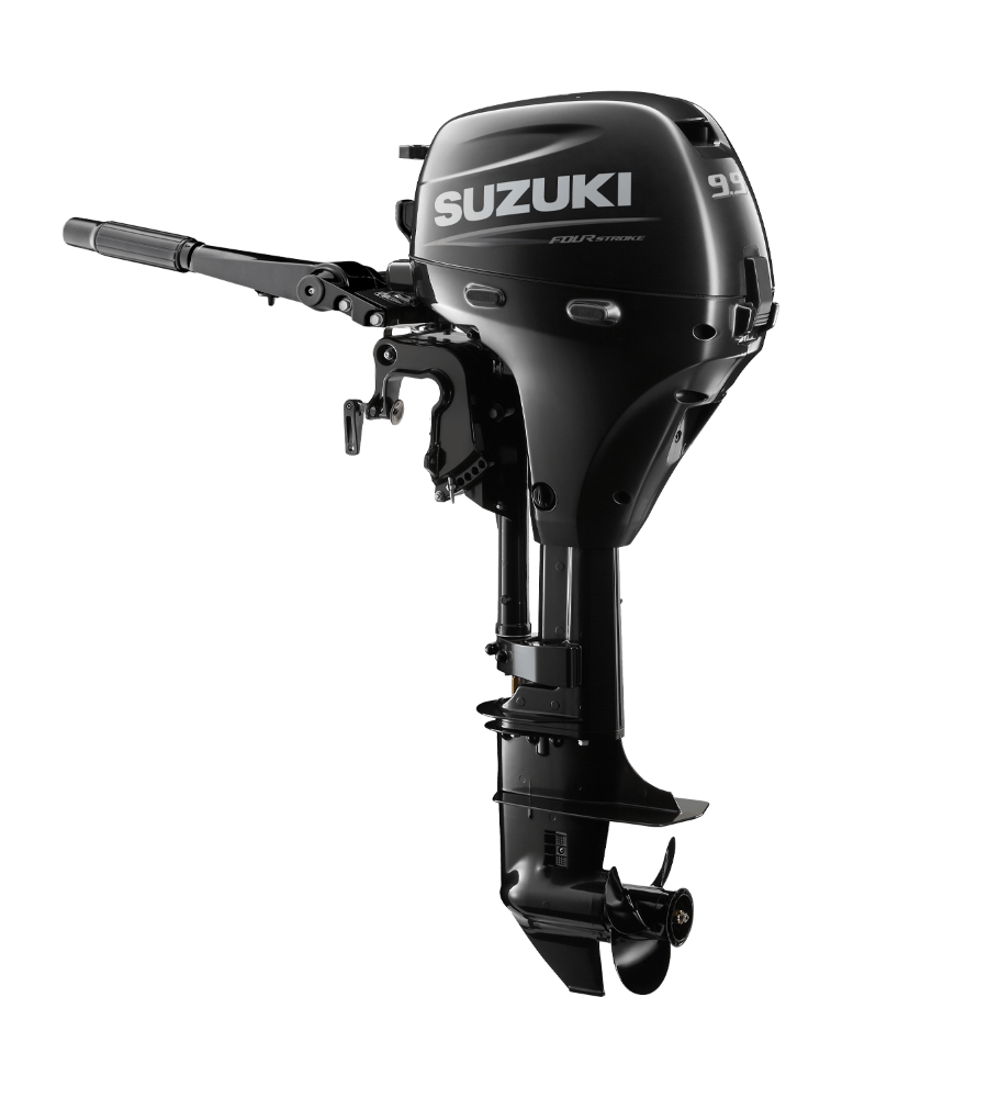 Black Suzuki outboard boat motor on a white background
