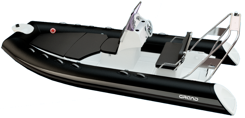 Black inflatable motorboat with white seating and metal railings on a white background