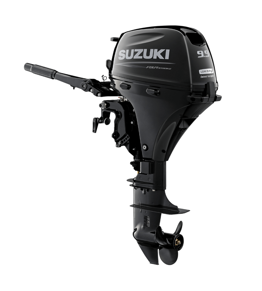 Black Suzuki outboard boat motor on a white background