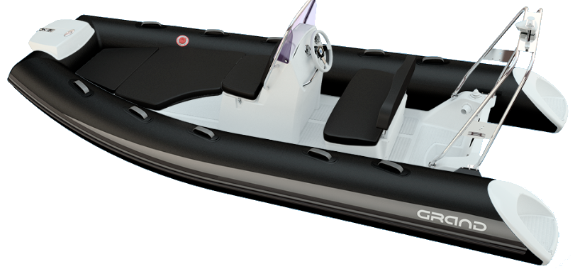 Inflatable black-and-white motor dinghy with two clear seats and outboard motor at the stern