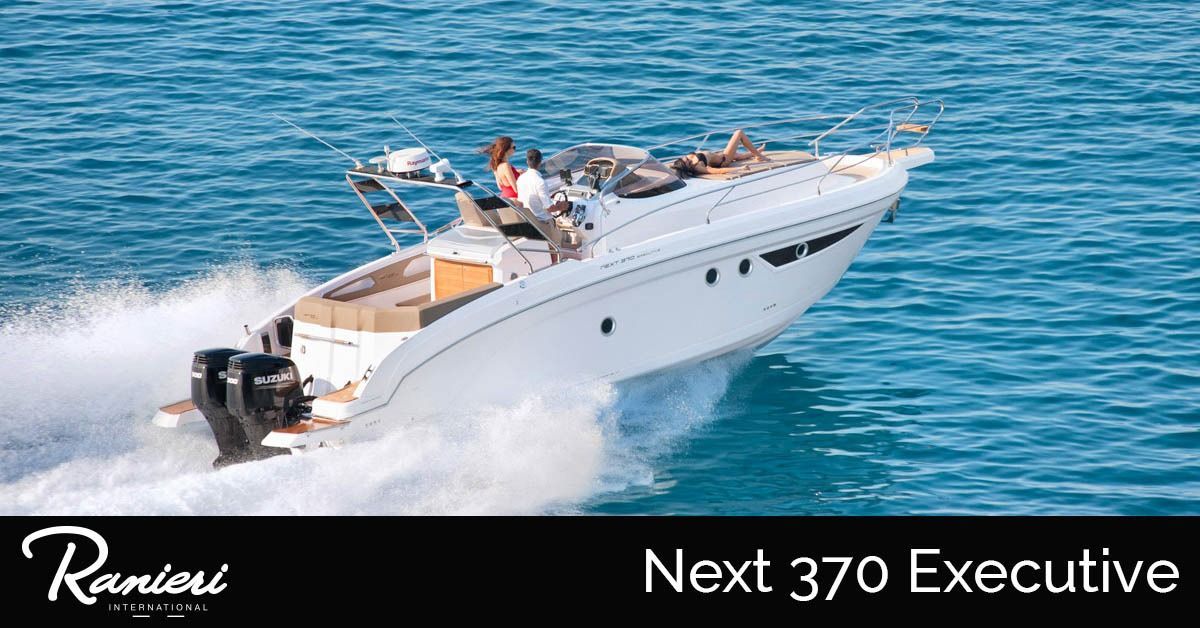 White ranieri speeding across blue water with passengers on deck, labeled “Next 370 Executive”