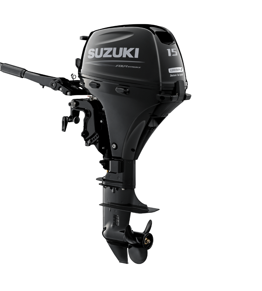 Black Suzuki outboard boat motor on a white background