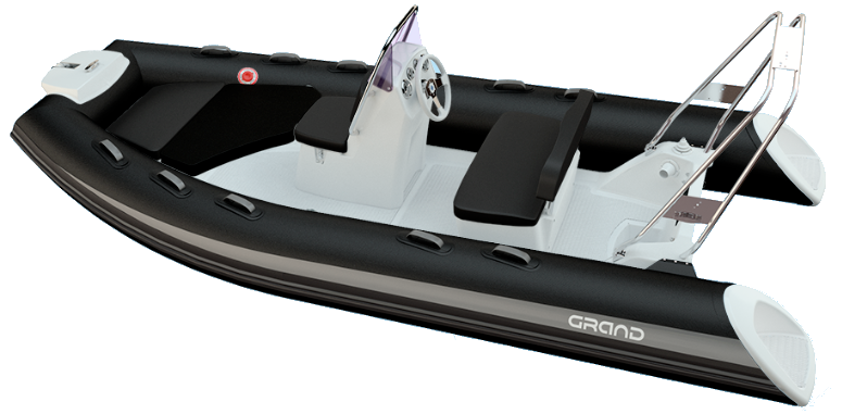 Black and white inflatable motorboat with seats and metal frame, isolated on white background