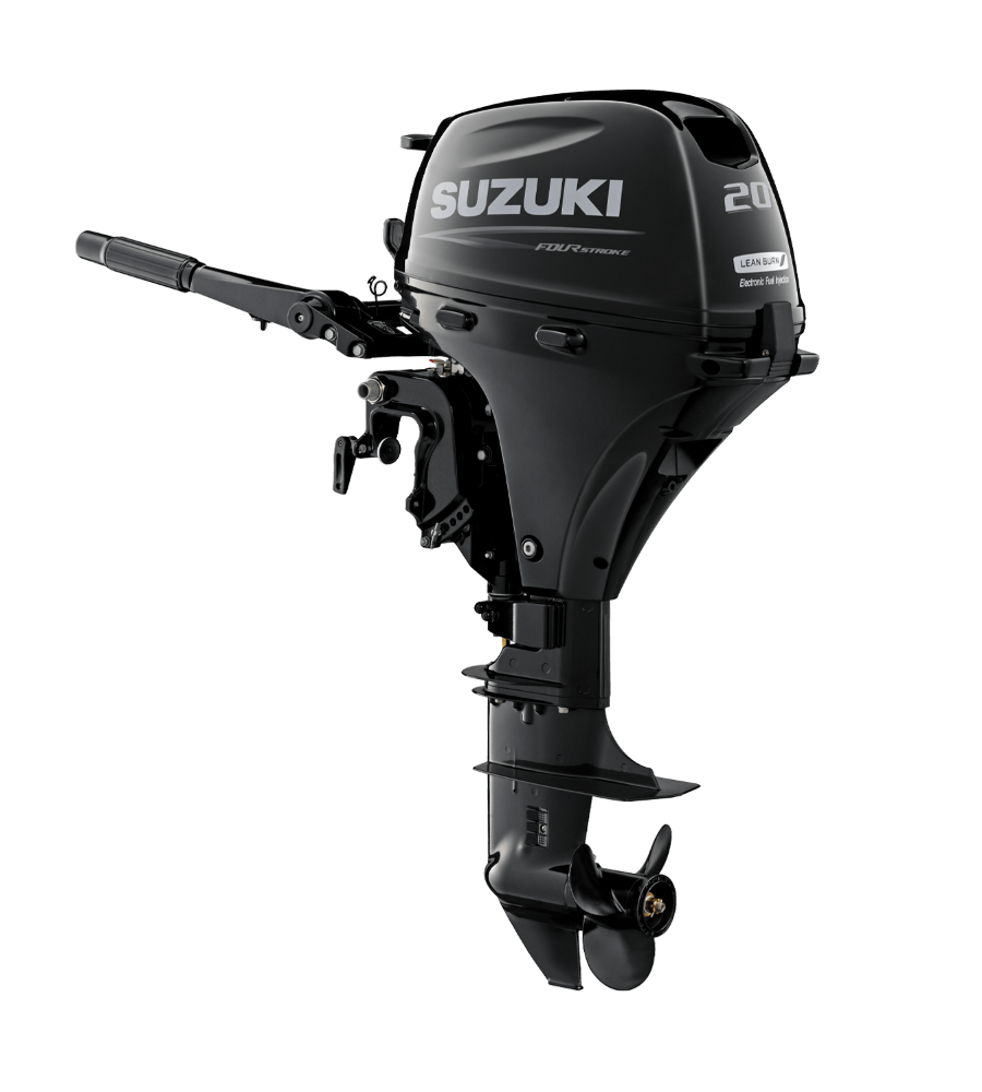 Black Suzuki outboard boat motor on a white background